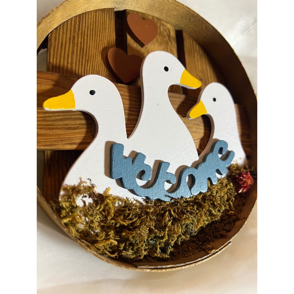Vintage 1980s Concepts Intl Wood Welcome Sign 3D Geese Ducks Basket Lid Taiwan - Picture 2 of 5